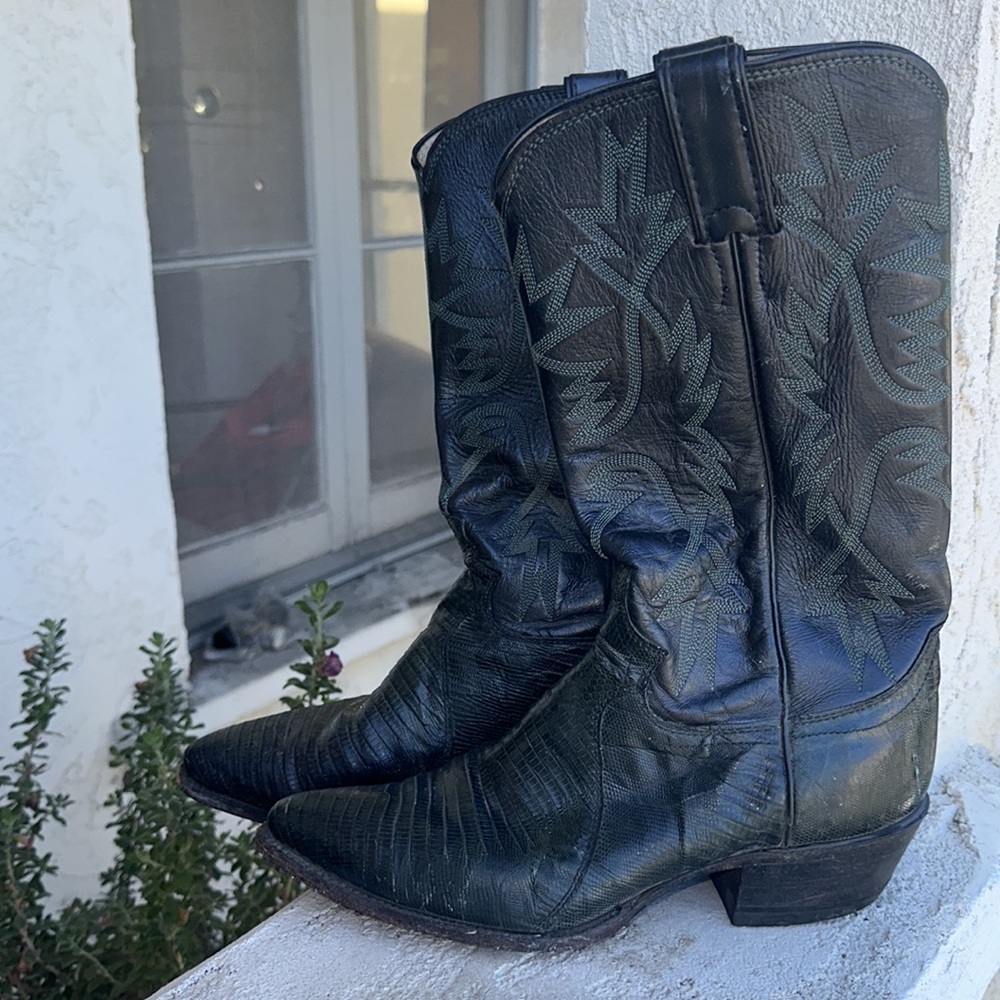 Cowboy Boots! Green snakeskin with black leather shaft. Green threading design.